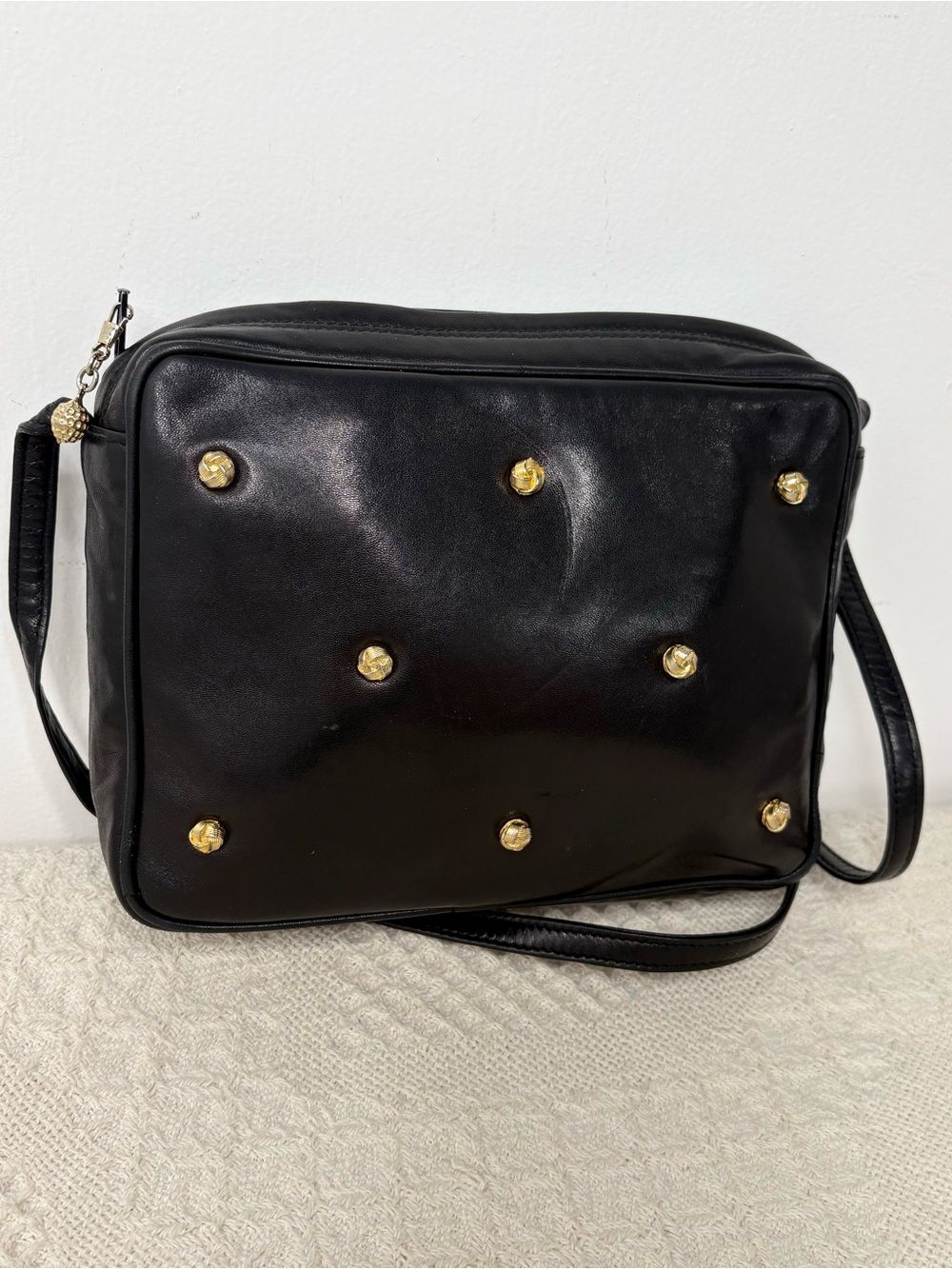 90s Vintage Lord & Taylor Italian Leather Studded Crossbody Bag Purse Black